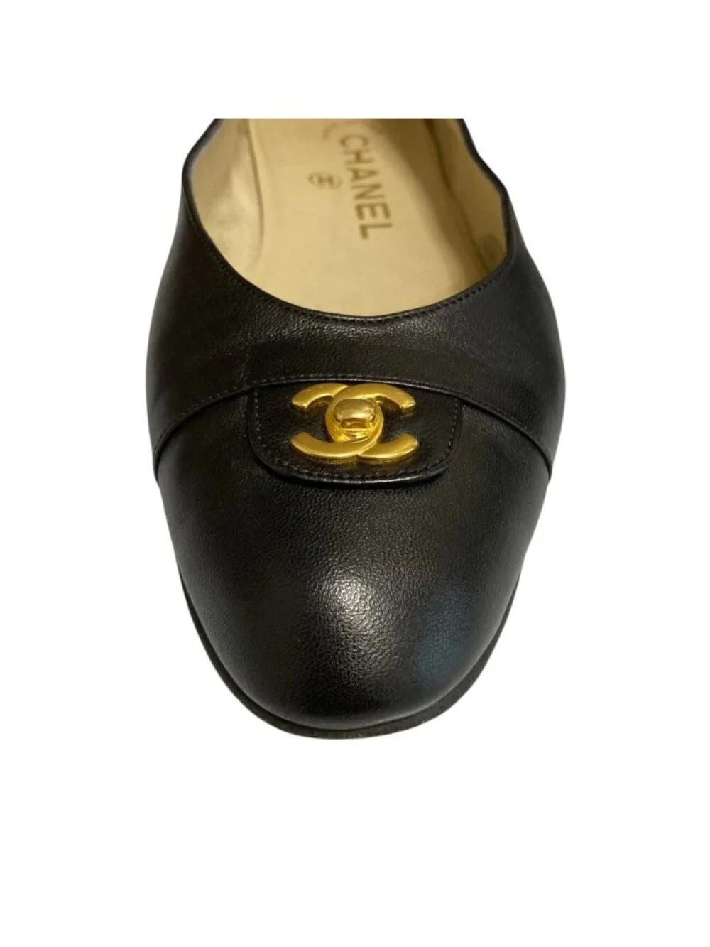 Chanel Turnlock CC Logo Plain Toe Shoes Flat Leather Pumps Black
